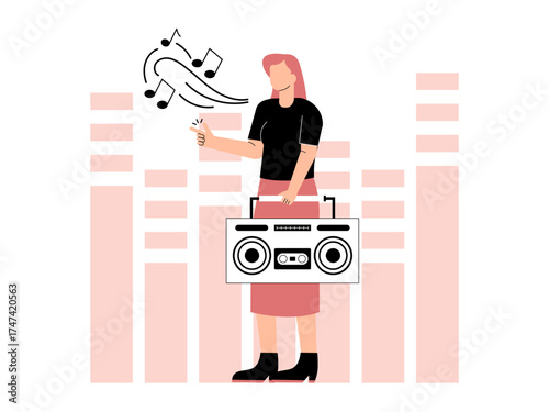 Woman playing songs on tape recorder. Music Player illustration. Flat vector illustration.