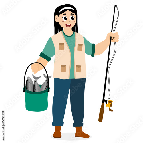 woman catches fish with fishing rod and feels happy. woman gets fish after fishing