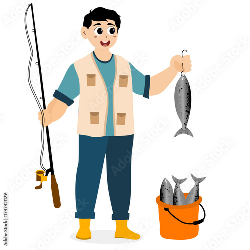 Man catches fish with fishing rod and feels happy. woman gets fish after fishing