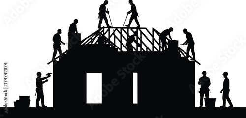 Construction workers building house roof silhouette, teamwork in progress, laborers working with tools on residential structure under bright daylight scene