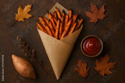 Gourmet Sweet Potato Fries in Paper Cone with Ketchup on Dark Background.