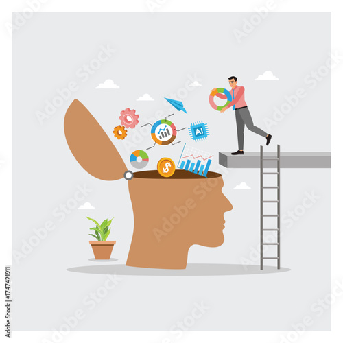 Businessman put graph diagram report and data assist on human head brain.