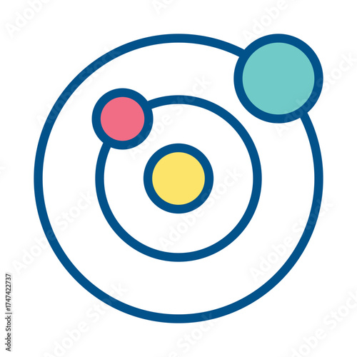 A blueoutlined diagram depicts a system with a yellow central circle two orbital rings and three colored circles orbiting