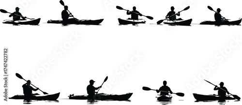 Kayak paddling silhouettes collection, people kayaking on calm water, outdoor adventure sport vector, river lake exploration, summer recreation illustration