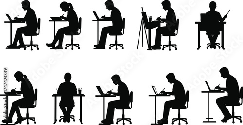 People working at desk silhouette collection, using laptop and tablet, studying, writing, drawing, education, creativity and productivity concept