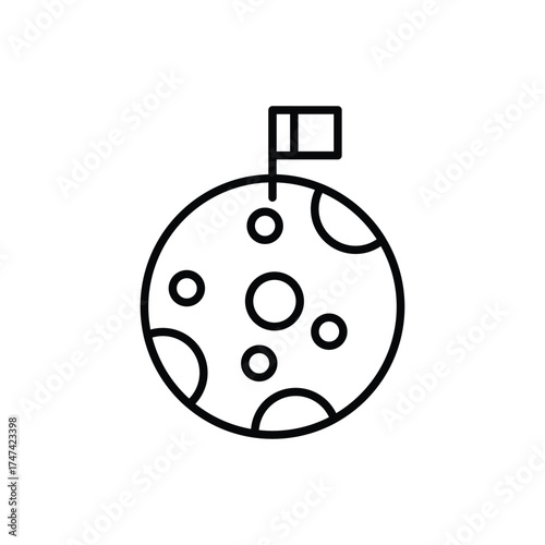 A circular black and white icon of the moon with craters and a flag planted on top