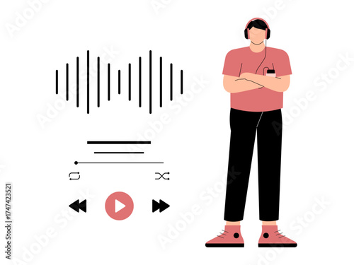 Man listens to online music. Music Player illustration. Flat vector illustration.