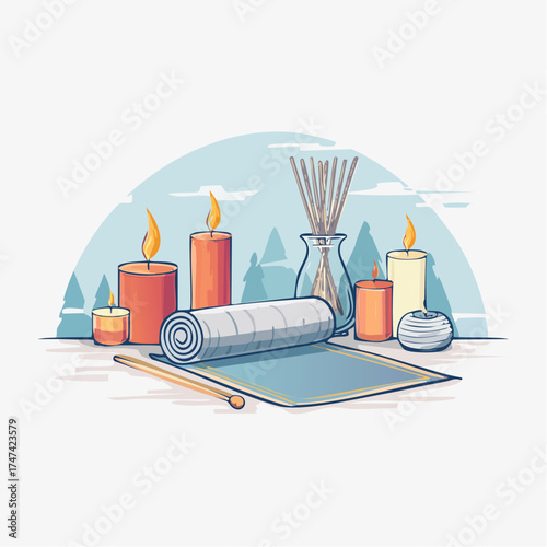 Spa relaxation scene with candles and rolled towel