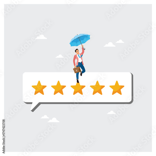 Businessman Balances On Five Stars Rating Evaluation With Umbrella.