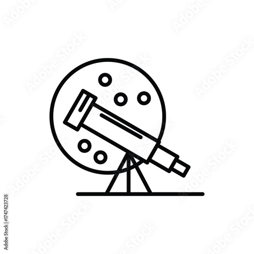A line drawing depicts a telescope angled toward a sphere with four small circles The telescope sits on a tripod