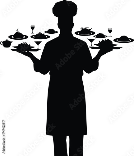 Professional chef holding delicious dishes silhouette, restaurant cooking concept, gourmet food presentation, culinary art, dining service, hospitality and cuisine illustration