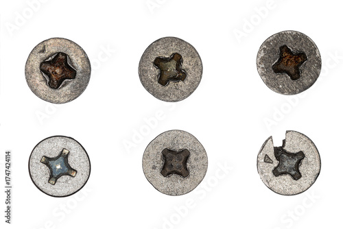 Used screw and bolt heads with signs of wear, scratches, dents, rust spots. Close-up view. Isolated on transparent background. Set 2.