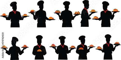 Professional chefs presenting delicious gourmet dishes silhouette, restaurant cooking concept, fine dining cuisine, food service art, culinary professionals illustration