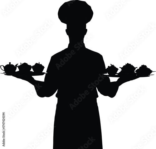 Professional chef holding multiple dishes silhouette, restaurant kitchen concept, culinary art, food service, 
