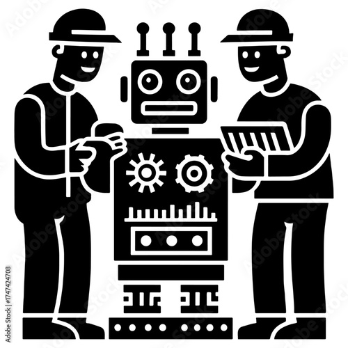 Engineers Working with Robot Vector Illustration