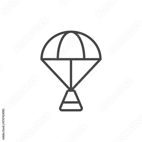 A stylized outline drawing of a parachute against a white background The parachute has a curved top and a rectangular base