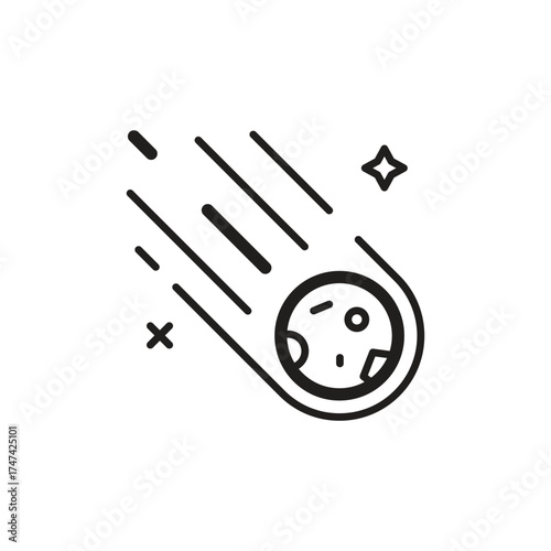 An asteroid icon The asteroid is round with craters Lines trail behind it A star shape is above