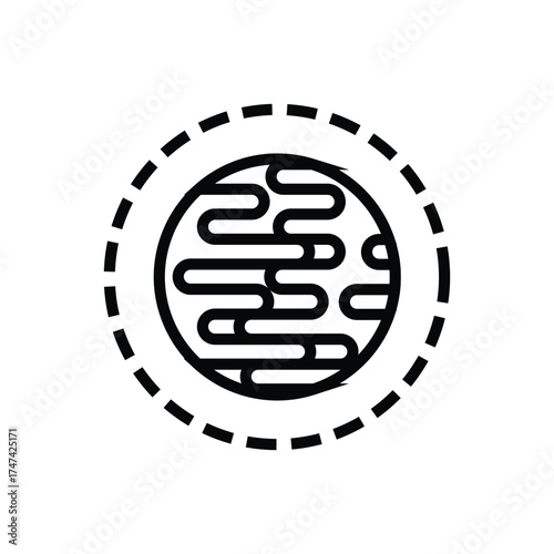 An icon features a circular design Inside is a planet outline with curved lines Its encircled by a dashed ring