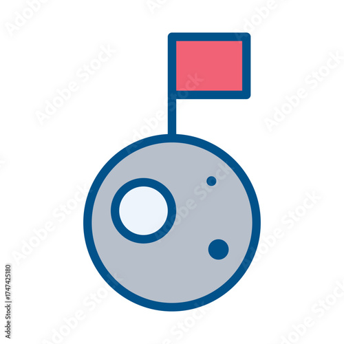 An illustrated grey moon has craters a large white circle and a red flag