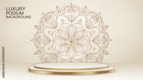 Gold mandala on beige background with white and gold podium