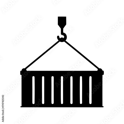 Black silhouette of shipping container suspended from crane hook for logistics
