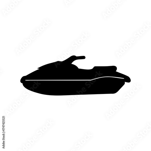 Black silhouette of a watercraft or jet ski against a white background