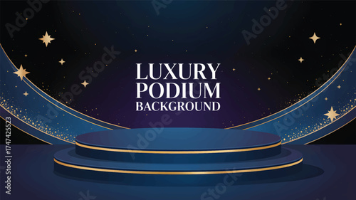Dark blue podium with gold accents and starry night background