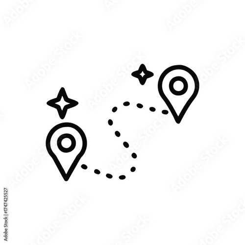 Blackandwhite illustration depicts two location markers A dotted line connects them Each has a star