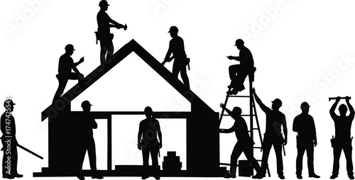 Silhouette construction workers building house, teamwork on site, home construction project, labor industry, repair maintenance, teamwork engineering 