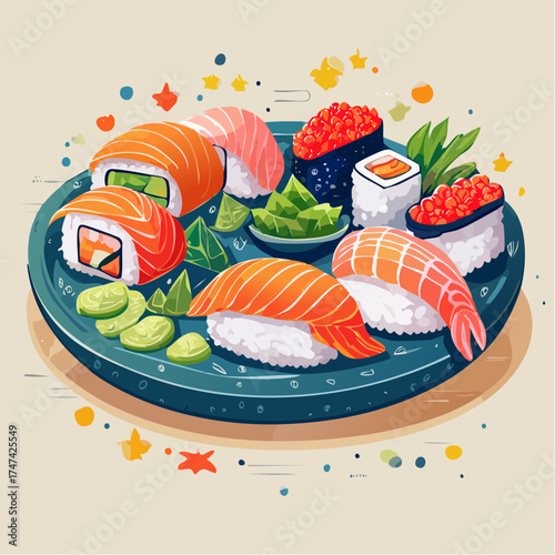 Sushi platter with fresh fish and roe