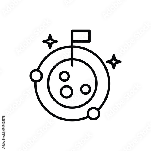 Outline of a planet with a flag stars and orbiting circles The planet has circular craters