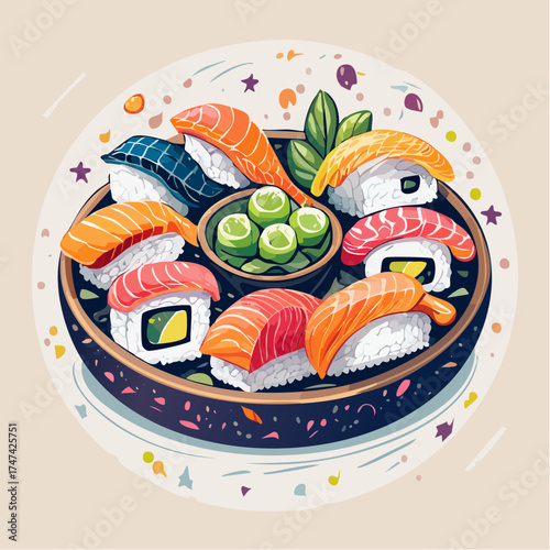 Sushi platter with wasabi and pickled ginger