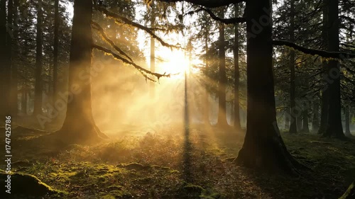 Ethereal morning fog slowly rolls through a dense, ancient forest at sunrise creating a mystical atmosphere timelapse shadow, calm, time lapse