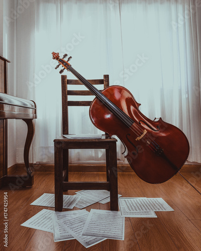 Music room - piano and cello - music sheets on the floor