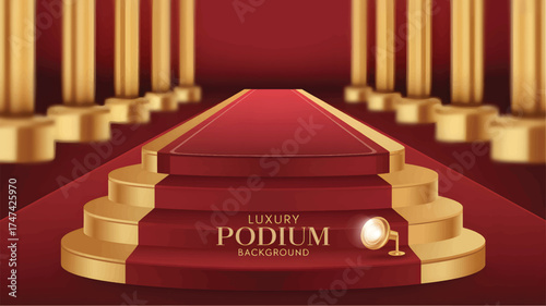 Red carpet podium background with gold columns and spotlight stage