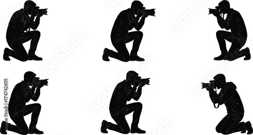 Silhouette photographer kneeling, taking photo, camera posture, black and white illustration, casual outfit, photography concept, low angle shooting, visual storytelling