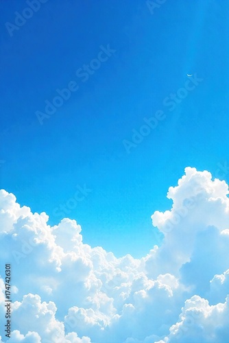 Tranquil Blue Sky Fluffy White Clouds Drifting Lazily Across a Serene Horizon, Perfect for Calming Backgrounds and Meditation Themes
