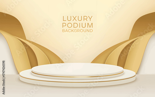 White and gold podium with abstract golden background