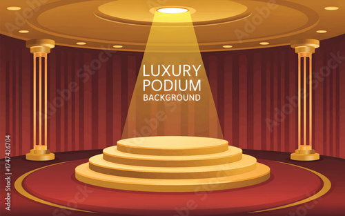 Golden podium background with spotlight on red carpet and curtains