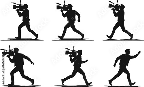 Running cameraman silhouette, mobile video recording action, dynamic filming motion, professional videographer on the move, cinematic capture, black figure isolated on white background