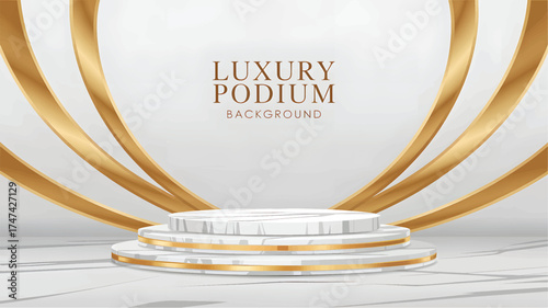 White marble podium with gold accents and curved gold beams