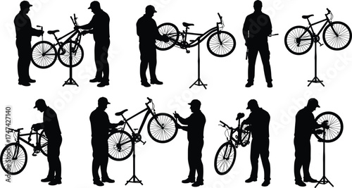 Silhouette of bicycle mechanic repairing bikes in workshop, professional maintenance worker fixing bicycle parts, cycling repair concept, black illustration design