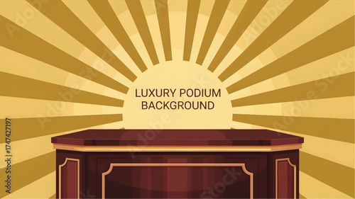 Dark wood podium with golden sunburst background stage