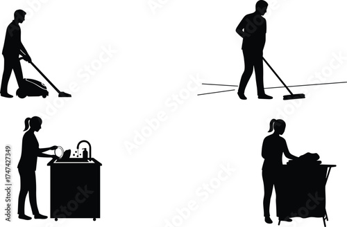Cleaning silhouette, vacuuming floor, mopping surface, washing dishes, folding clothes, household chores, black figures, vector art, white background, lifestyle illustration