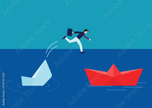 Escaping failure or a job change is depicted by someone jumping from a sinking boat.