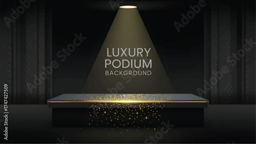 Black podium background with gold sparkles and spotlight stage