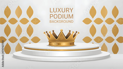 Golden Crown on White Podium with Geometric Background