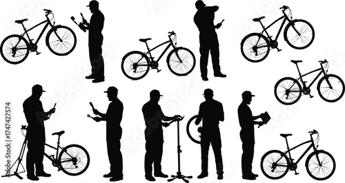 Silhouette of bicycle mechanics repairing and inspecting bikes using tools, professional workers maintaining bicycles in workshop with repair stands