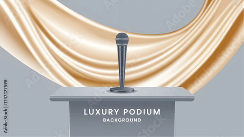 Microphone on podium with draped gold fabric background