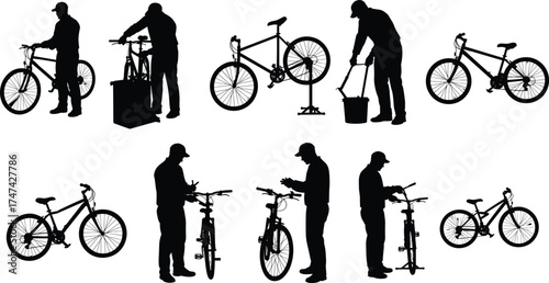 Silhouette of bicycle mechanics repairing, cleaning and maintaining bikes with tools, professional workers performing bike service and inspection